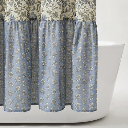 Lush Decor Lillian Block Print Linen Textured Shower Curtain Single 72" W x 72" L Blue & Sage - Vintage Floral Shower Curtains - Ruffled Bath Curtain