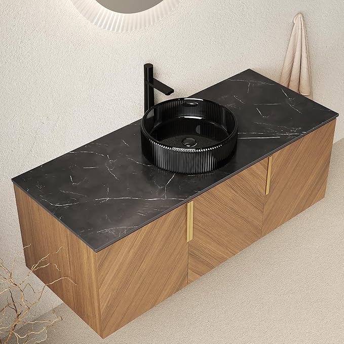 48 Inch Bathroom Vanity with Single Sink, Floating Bathroom Vanity with Vessel Sink, Modern Bathroom Vanity Cabinet with 3 Doors, Sintered Stone Countertop and Glass Basin,Brown Oak