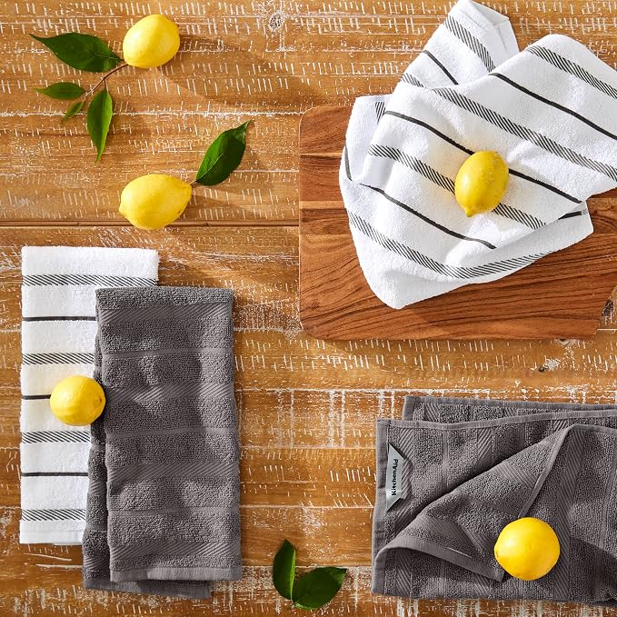 KitchenAid Albany Kitchen Towel 8-Pack Set, Charcoal Grey/White, 16"x26"