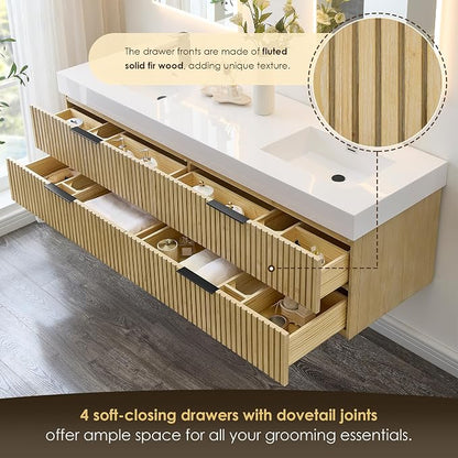 72 Inch Floating Sink Bathroom Vanity Wall Mount Double Vanities with Top | Pre-Assembled, Sturdy Solid Wood, Modern Vanity, Ceramic Sink, Large Storage Cabinet, Soft Closing Doors, Dovetail Drawers