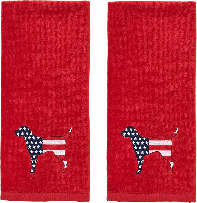 SKL Home Red White & Blue Hound Hand Towel Set-2pc, 100% Cotton, Red | Fun embroidery for Memorial Day, 4th of July, Labor Day & all patriotic holidays. For use in the bathroom, kitchen or bar.