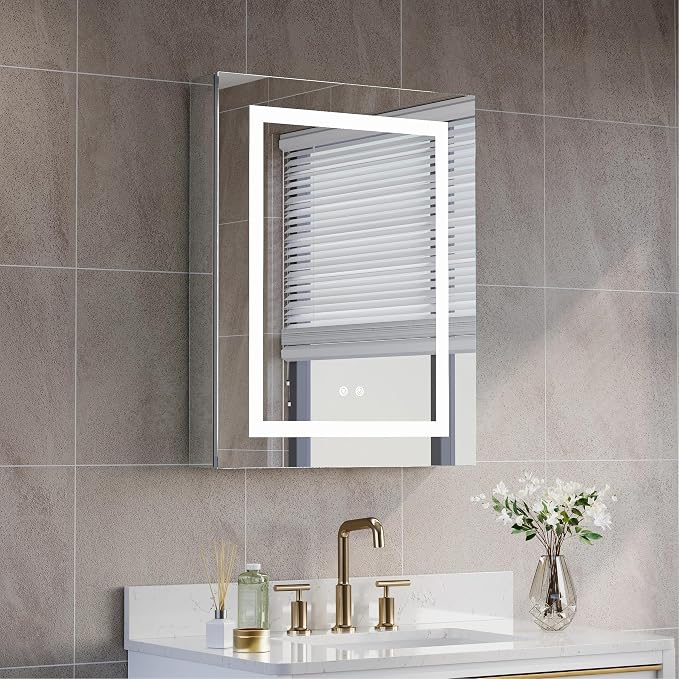 WELLFOR 24" X 30" Bathroom LED Medicine Cabinet with Mirror, Medicine Cabinet with Lights, Bathroom Mirror with Storage, Dimmer, Defogger, Outlets & USB Ports, Right Opening Door