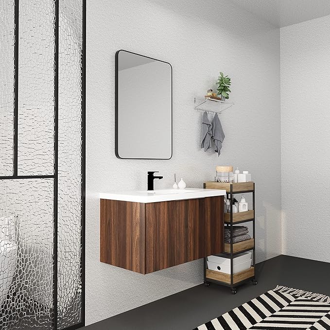 Henf 36inch Floating Bathroom Vanity Cabinet with Sink Combo, Modern Wall Mounted Solid Wood Cabinet with White Gel Basin Sink Bathroom Storage Cabinet with 2 Soft Close Doors