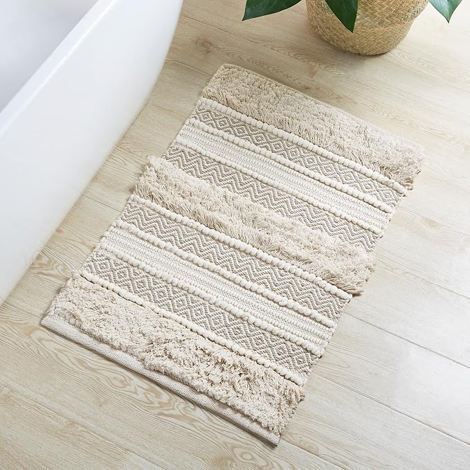 INK+IVY Asher Non-Slip Bath Rug Absorbent Quick Dry, 20 x 32, Natural | Soft Pile, Machine Washable, Striped Pattern, Boho, OEKO-TEX Certified, Hand-Woven Texture, for Bathroom, Shower Room
