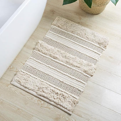 INK+IVY Asher Non-Slip Bath Rug Absorbent Quick Dry, 20 x 32, Natural | Soft Pile, Machine Washable, Striped Pattern, Boho, OEKO-TEX Certified, Hand-Woven Texture, for Bathroom, Shower Room