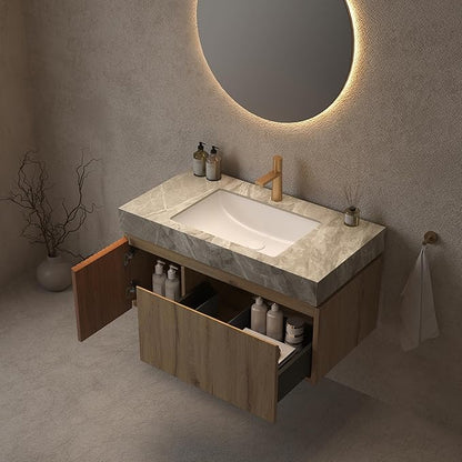 LKTART Floating 36 Inch Bathroom Vanity with Sink, Modern Plywood Wall Mounted Bathroom Storage Cabinet with 1 Door and 1 Drawer, Roma Travertine-Pattern Sintered Stone Countertop and Ceramic Basin