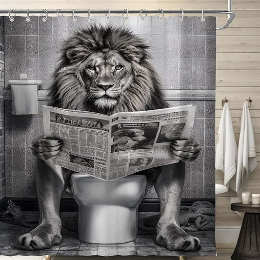 Farmhouse Funny Lion Mens Shower Curtain for Bathroom 72W*72H Inch Black and White Humor Animal Reading on Toilet Bathtub Decor Western Country Animal Waterproof Polyester Fabric Set with 12 Hooks