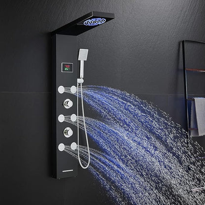 LED Rainfall Shower Tower System, Stainless Steel Hydroelectric Shower Panel Tower System (No battery need) with 6 Pcs Body Jets, Black