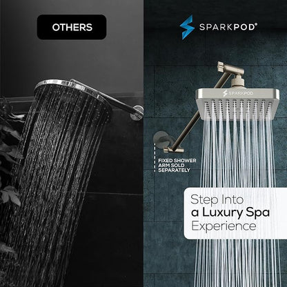 SparkPod 6" Square Rain Shower Head with 16" Shower Arm | Shower Head & Extension Arm Combo, Height Adjustable, High Pressure Performance, Easy 1-Minute Installation, Brushed Nickel