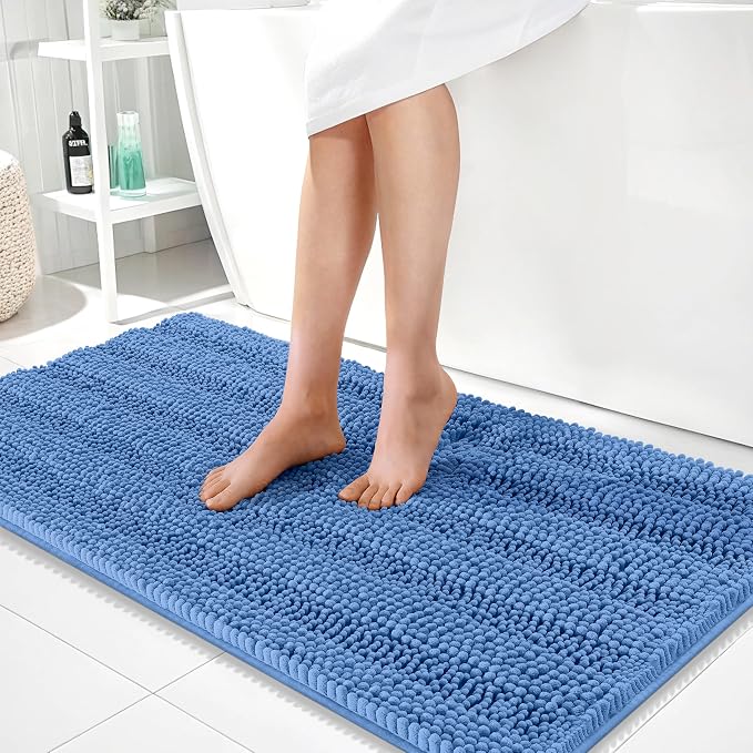 OLANLY Bathroom Runner Rugs 44x24, Soft Chenille Bath Rugs, Cornflower Blue | Rubber Backing, Machine Wash, Extra Absorbent Striped Bath Mats for Bathroom Floor, Tub and Shower, Home Decor Accessories