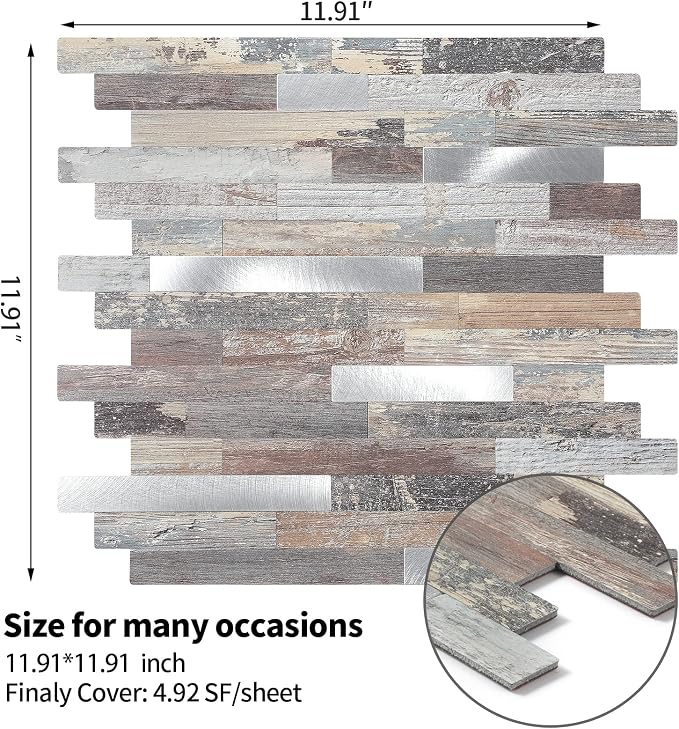 Yipscazo 2026 New Upgrade Peel and Stick Wood Metal Tile Backsplash, Stick on Tiles for Backsplash Kitchen, Bathroom (10 Sheets, Light Wood)