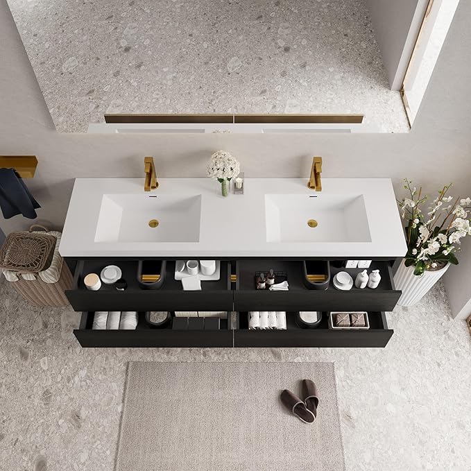 Abruzzo 72" Espresso Wood Wall-Mounted Bathroom Vanity with Double Sink – Stone Resin Countertop & Soft-Close Drawers, Waterproof Wood Cabinet for Bathrooms