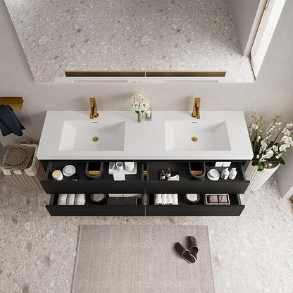 Abruzzo 72" Espresso Wood Wall-Mounted Bathroom Vanity with Double Sink – Stone Resin Countertop & Soft-Close Drawers, Waterproof Wood Cabinet for Bathrooms