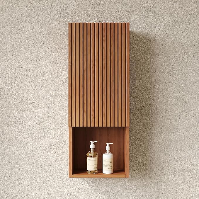 KEIKI Bathroom Wall Cabinet with Soft-Close Doors & Open Shelf, Brown Oak | Premium Wood Medicine Cabinet, Narrow Storage Cabinet for Bathroom Kitchen Laundry Room