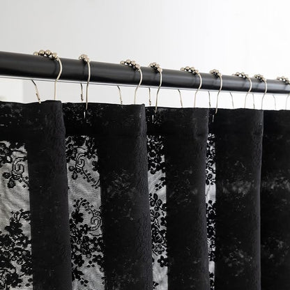 TUDECO Black Lace Shower Curtain with Valance, Gothic Style, 72 x 72 Inch | Halloween Bathroom Curtain, Moody Witchy Victorian Decor, Dark Vintage Floral, Soft Light Filtering, Scalloped Edges