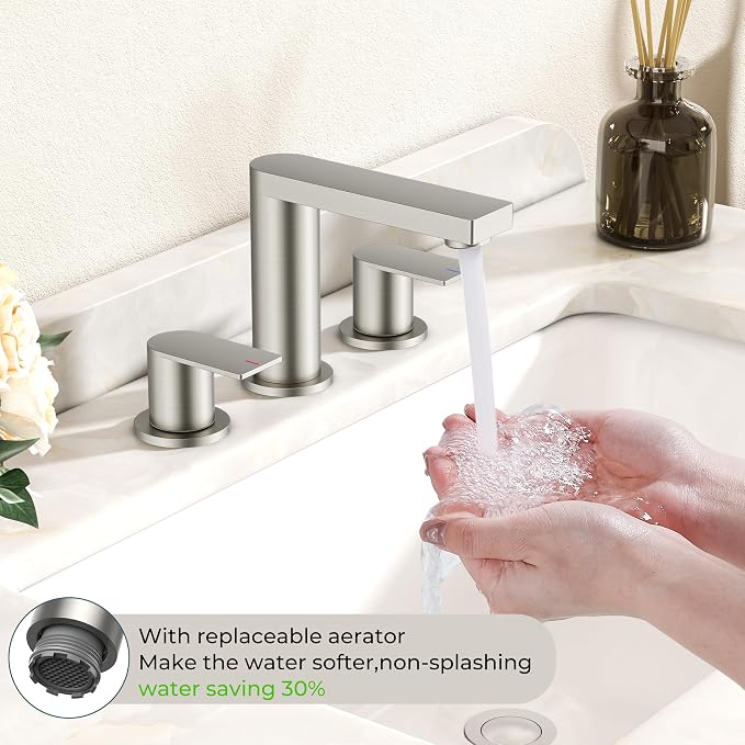 FORIOUS 8 Inch Bathroom Faucet 3 Hole, 2 Handles for Vanity Brushed Nickel | 2 Handles Bathroom Sink Faucet with Pop-up Drain and 24" cUPC Lines, Fits 6-12 Inch 3 Hole Install, for RV Laundry Sink
