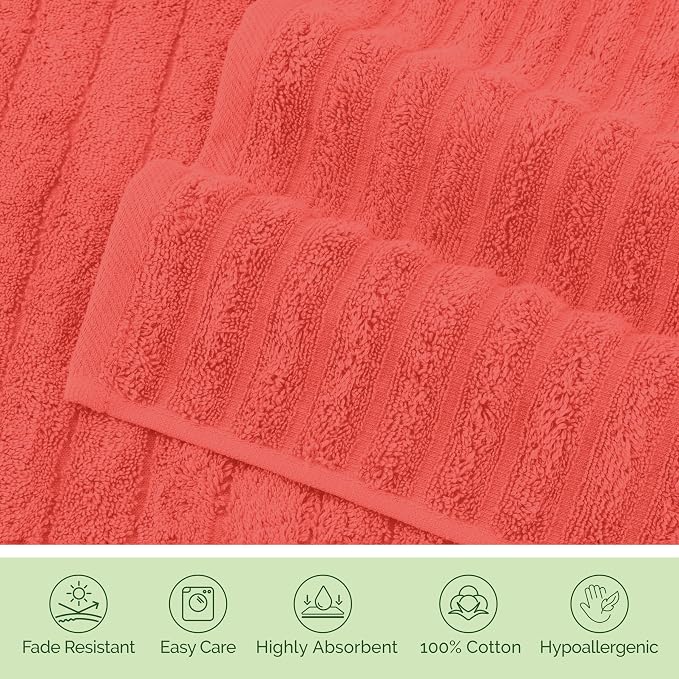 Elegant Comfort 100% Turkish Cotton Corduroy Ribbed Luxury Washcloths 6 Pack Soft 13 x 13 Inch - Higly Absorbent, Durable, Quick Dry, Spa Premium Hotel Quality for Bathroom or Travel, Coral