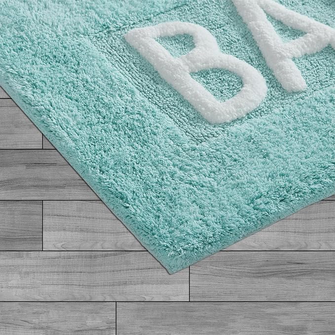 Creative Home Ideas Cotton Bath Rug - Soft Cotton Bath Mat - Bathroom Decor - Water Absorbent and Machine Washable - Measures 21"x34" - "Bath" - Aqua Blue