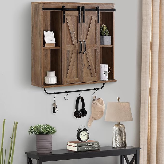 RUSTOWN Rustic Wood Wall Storage Cabinet with Two Sliding Barn Door, 3-Tier Decorative Farmhouse Vintage Cabinet for Kitchen Dining, Bathroom, Living Room, Rustic Oak
