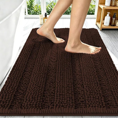 Smiry Thick Chenille Bathroom Runner Rugs 59x20, Absorbent Bath Mat, Brown | Quick‑Dry & Machine Washable, Non‑Slip Bath Carpet, Soft Striped Bath Rugs for Tub & Shower, Modern Home Decor Accessories