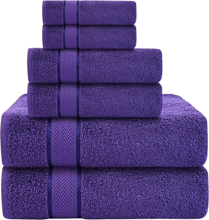 CRAFTBERRY- 6 Piece Cotton Bath Towel Set- 2 Bath - 2 Hand - 2 Face, Purple | 100% Cotton • Thick & Plush • Hotel Quality • Ultra Soft • Highly Absorbent • Quick Dry • Low Lint • Machine Washable