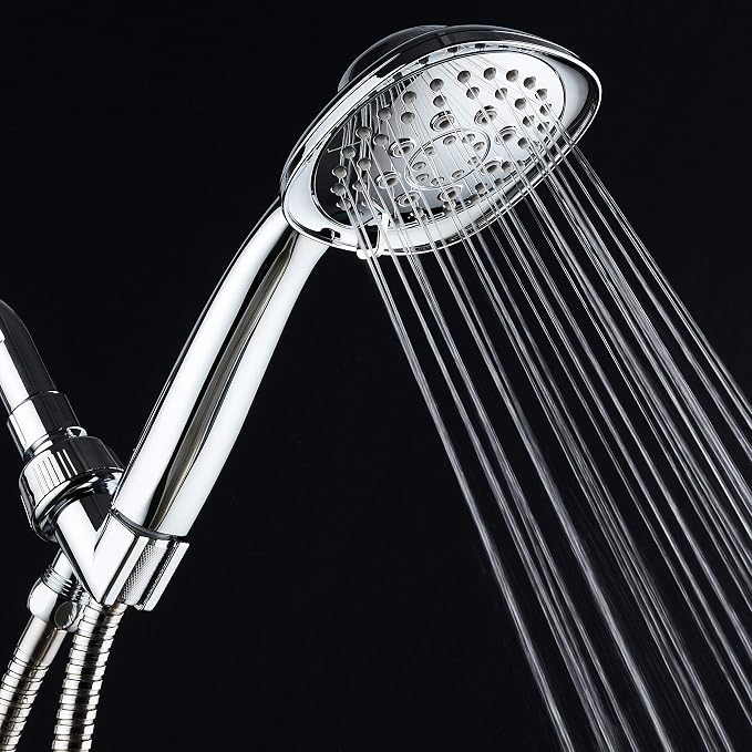 Luxury Square 6-setting High-Pressure Hand Shower. Extra-Long 72" Stainless Steel Hose, Bracket, Solid Brass Fittings, All-Chrome Finish. Premium Handheld Shower Head from Top American Manufacturer!