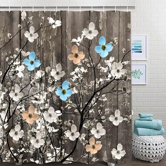 Rustic Shower Curtain Set Grey Watercolor Flower Bath Curtain 12 Hooks Country Farm Style Fabric Wooden Background Waterproof Shower Curtains 72×72 Inches