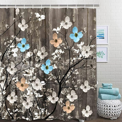 Rustic Shower Curtain Set Grey Watercolor Flower Bath Curtain 12 Hooks Country Farm Style Fabric Wooden Background Waterproof Shower Curtains 72×72 Inches