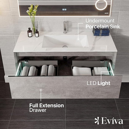 Eviva Aurora 40 in. Concrete Gray Wall Mount Single Sink Bath Vanity with Carrara Quartz Top