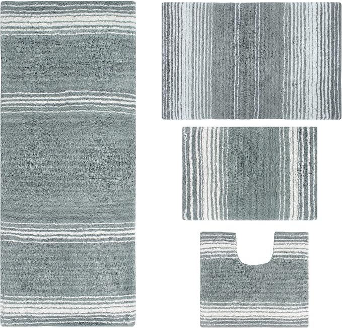 Home Weavers 100% Cotton Gradiation Collection Bathroom Décor | Washable Rug | Bathroom Mat | Kitchen Mat | Bathroom Rug Set | Bath Mat Set | Bath Floor Mat Non Slip, 4 Piece Set with Runner, Gray