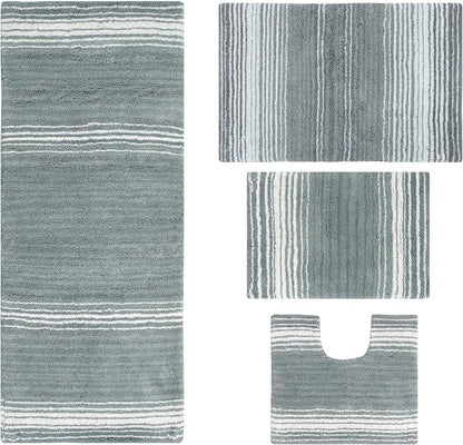 Home Weavers 100% Cotton Gradiation Collection Bathroom Décor | Washable Rug | Bathroom Mat | Kitchen Mat | Bathroom Rug Set | Bath Mat Set | Bath Floor Mat Non Slip, 4 Piece Set with Runner, Gray