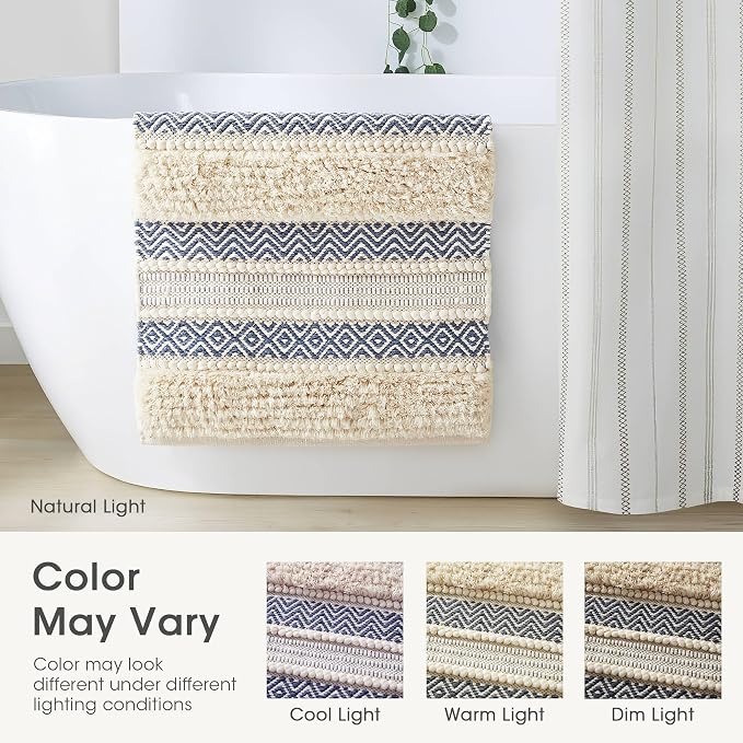 INK+IVY Asher Non-Slip Bath Rug Absorbent Quick Dry Striped, 22 x 58, Navy | Soft Pile, Machine Washable, Striped Pattern, Boho, OEKO-TEX Certified, Hand-Woven Texture, for Bathroom, Shower Room