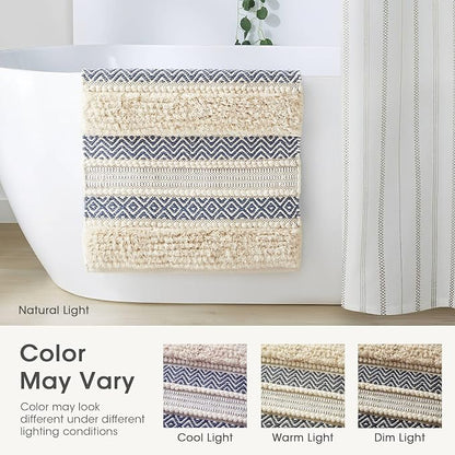 INK+IVY Asher Non-Slip Bath Rug Absorbent Quick Dry Striped, 22 x 58, Navy | Soft Pile, Machine Washable, Striped Pattern, Boho, OEKO-TEX Certified, Hand-Woven Texture, for Bathroom, Shower Room