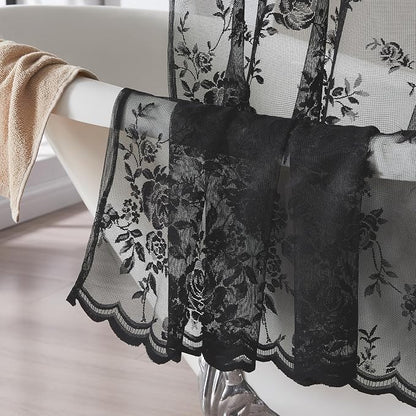 Black Lace Shower Curtain Luxury Vintage Floral Shower Curtain with Attached Valance Decorative Vintage Boho Bath Curtain for Master Bath Hotel Dark Gothic Halloween Victorian Decor, 1 Panel, 72 x 72
