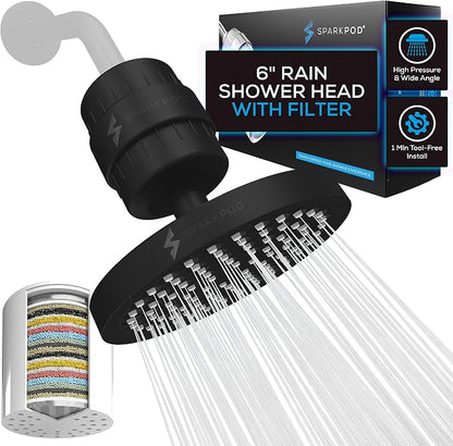 SparkPod Filtered Shower Head, 23-Stage, 6" Round, Black Matte | Showerhead for Hard Water, High Pressure, Reduces Chlorine, Heavy Metals, For Dry Skin & Hair, Removable Capsule Filter