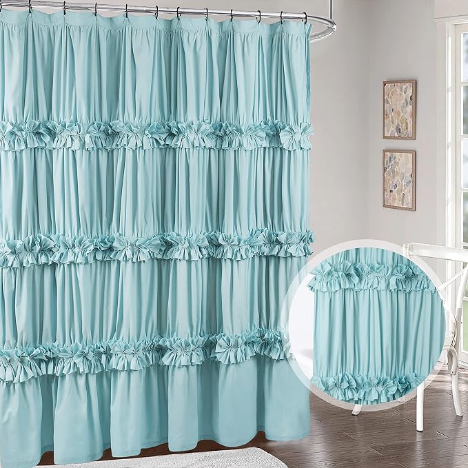 Homechoice Decor Spa Blue Ruffle Shower Curtain with 12 Buttonholes | Vintage Handcrafted Bow Tie Bath Curtain for Master Bathroom, Ruched Microfiber Bathroom Curtain, 72" W x 72" H (LQ-10)