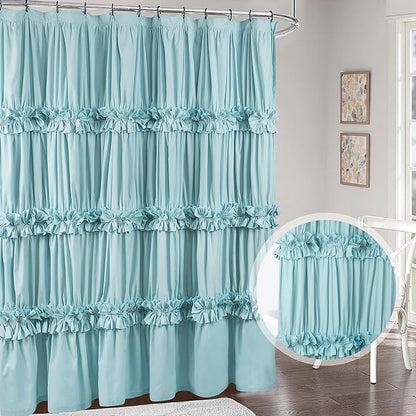 Homechoice Decor Spa Blue Ruffle Shower Curtain with 12 Buttonholes | Vintage Handcrafted Bow Tie Bath Curtain for Master Bathroom, Ruched Microfiber Bathroom Curtain, 72" W x 72" H (LQ-10)