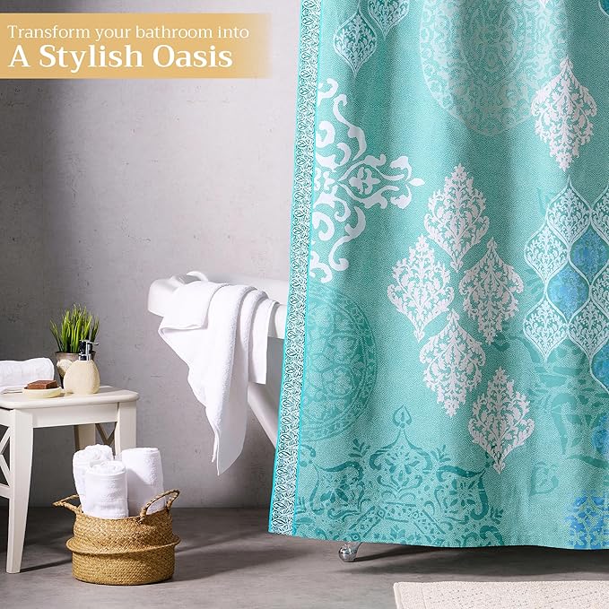 Maison d' Hermine Shower Curtain 100% Cotton One Panel 70"x72" Washable Fabric Shower Curtains for Bathroom, Easy Hanging with 12 Button Holes - Home Spa Easter Gifts (Versailles - Turquoise)