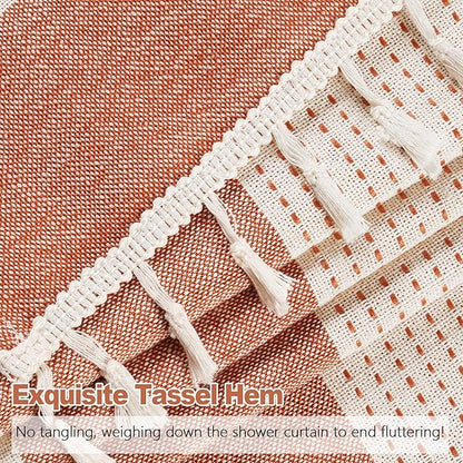 Boho Farmhouse Thick Shower Curtain with Tassels, Rustic Rusty Red Cotton Linen Soft Fabric Shower Curtain Water Repellent, Shabby Chic Heavyweight Striped Shower Curtains for Bathroom