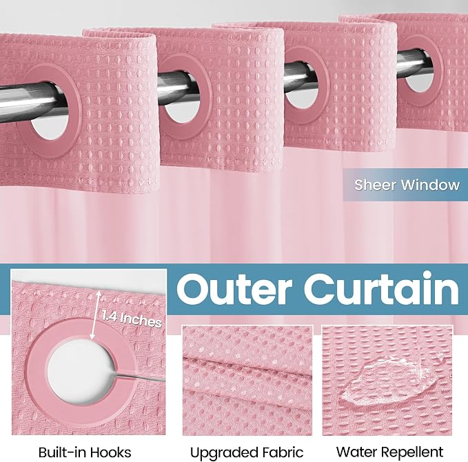 EUTXL 256GSM Heavyweight Shower Curtain with Liner - Waffle Textured Heavy Duty Shower Curtains for Bathroom,71W x 74H,Pink