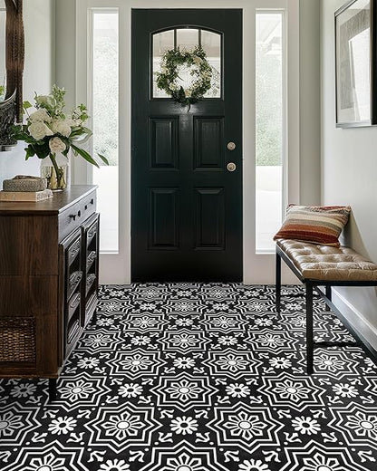 MORCART 20Pcs Peel and Stick Floor Tile, 7.87"x 7.87" Vinyl Flooring, Removable DIY Self Adhesive Flooring for Bathroom Kitchen Fireplace Stairs Bedrooms Wall Pantry Room Waterproof Black