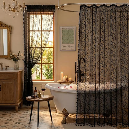 WAZZIO Black Lace Shower Curtain - Vintage Pretty Floral Sheer Shower Curtains Goth, Decorative Tassel Bath Curtains for Bathroom, 72 x 72 Inch, 1 Panel