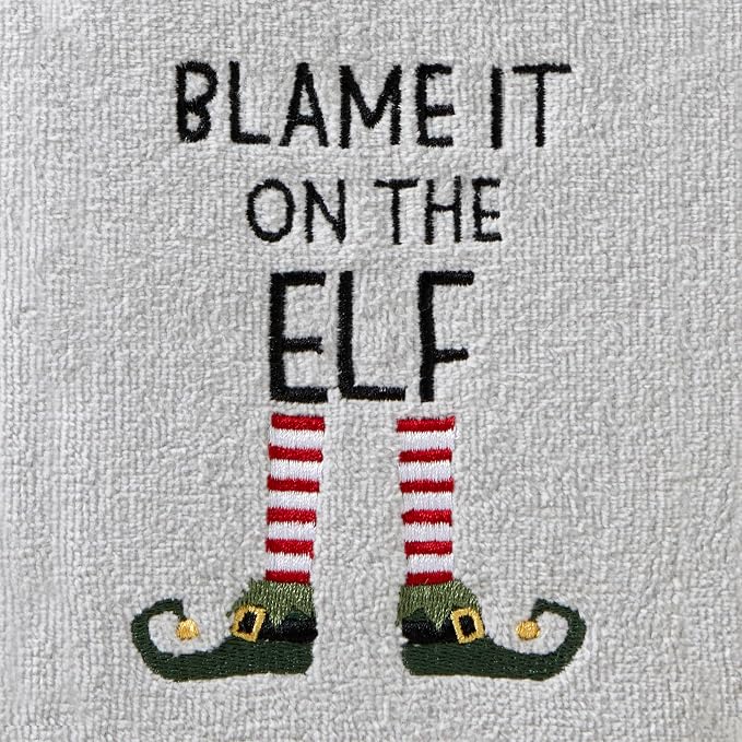 SKL Home Christmas Blame It On The Elf Hand Towel Set-2pc, Gray | 100% Cotton. Soft, embroidered velour. Great for the bathroom, kitchen or bar & holiday gifting.