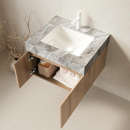 KEIKI 24 Inch Floating Bathroom Vanity with Sink, White Oak & Grey | Modern Wall Mounted Storage Cabinet with 2 Doors, Pre-assembled Wood Panels, Sintered Stone Top & Ceramic Basin Combo Set