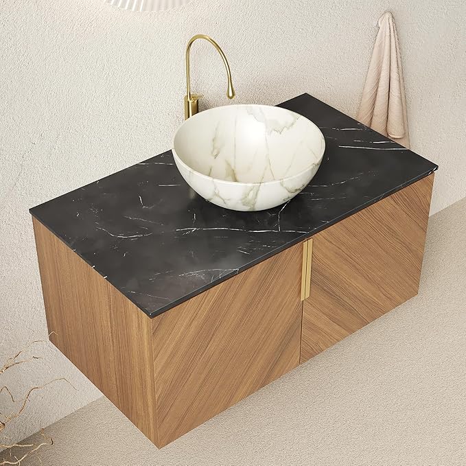 36 Inch Bathroom Vanity with Sink Combo, Floating Vanity Bathroom with Vessel Sink, Modern Bathroom Vanity Cabinet with Doors, Sintered Stone Countertop and Bowl Sink,Brown Oak