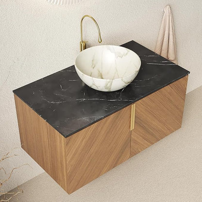 36 Inch Bathroom Vanity with Sink Combo, Floating Vanity Bathroom with Vessel Sink, Modern Bathroom Vanity Cabinet with Doors, Sintered Stone Countertop and Bowl Sink,Brown Oak