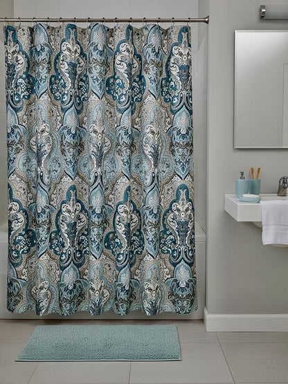 Serafina Home Decorative Blue & Brown Boho Fabric Shower Curtain, Modern Farmhouse for Vintage Rustic Bathroom Decor, Floral Victorian, 72 x 72