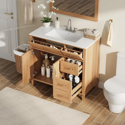 36 Inch Bathroom Vanities with Undermount Ceramic Sink, Storage Cabinet with Soft Closing Doors and Three Drawers, Solid Wood Frame, Natural Wood