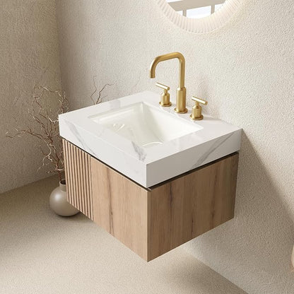 KEIKI 24 Inch Floating Bathroom Vanity with Sink, White Oak & White | Modern Wall Mounted Storage Cabinet with 2 Doors, Pre-assembled Wood Panels, Sintered Stone Top & Ceramic Basin Combo Set