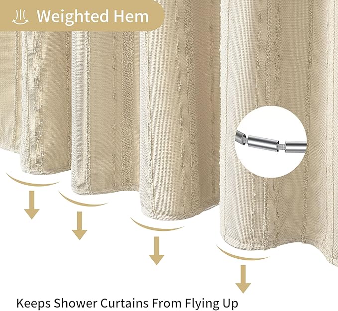 Beige Shower Curtain Boho, 72 x 72 Cotton Blend Waffle Weave Stripe Textured Heavy Duty, Fabric Shower Curtain for Bathroom, Hotel, Washable